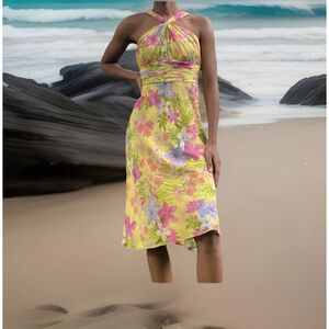 NWT Anne Klein Vintage 100% Silk Midi Dress Size:8 Designer Floral Double Layers